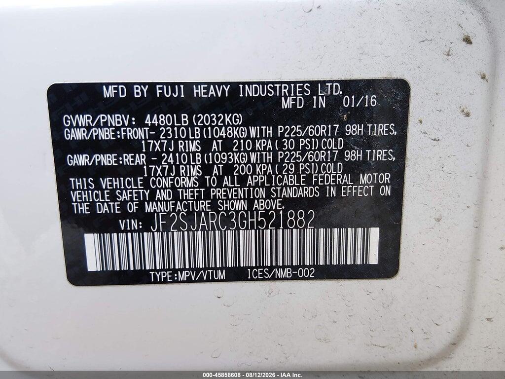 JF2SJARC3GH521882 2016 SUBARU FORESTER photo no. 9