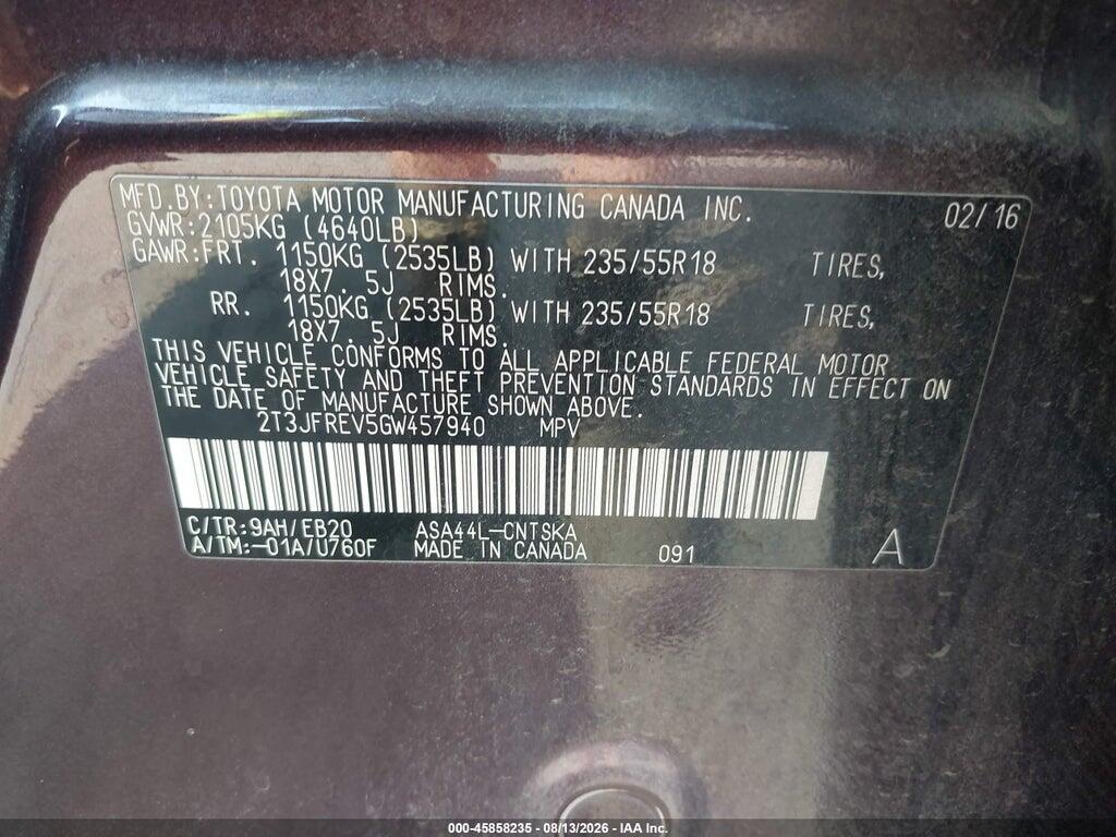 2T3JFREV5GW457940 2016 TOYOTA RAV4 photo no. 9