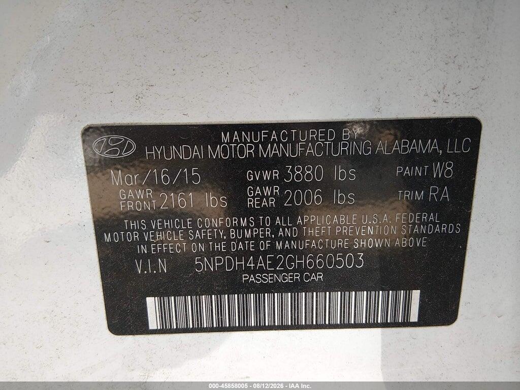 5NPDH4AE2GH660503 2016 HYUNDAI ELANTRA photo no. 9