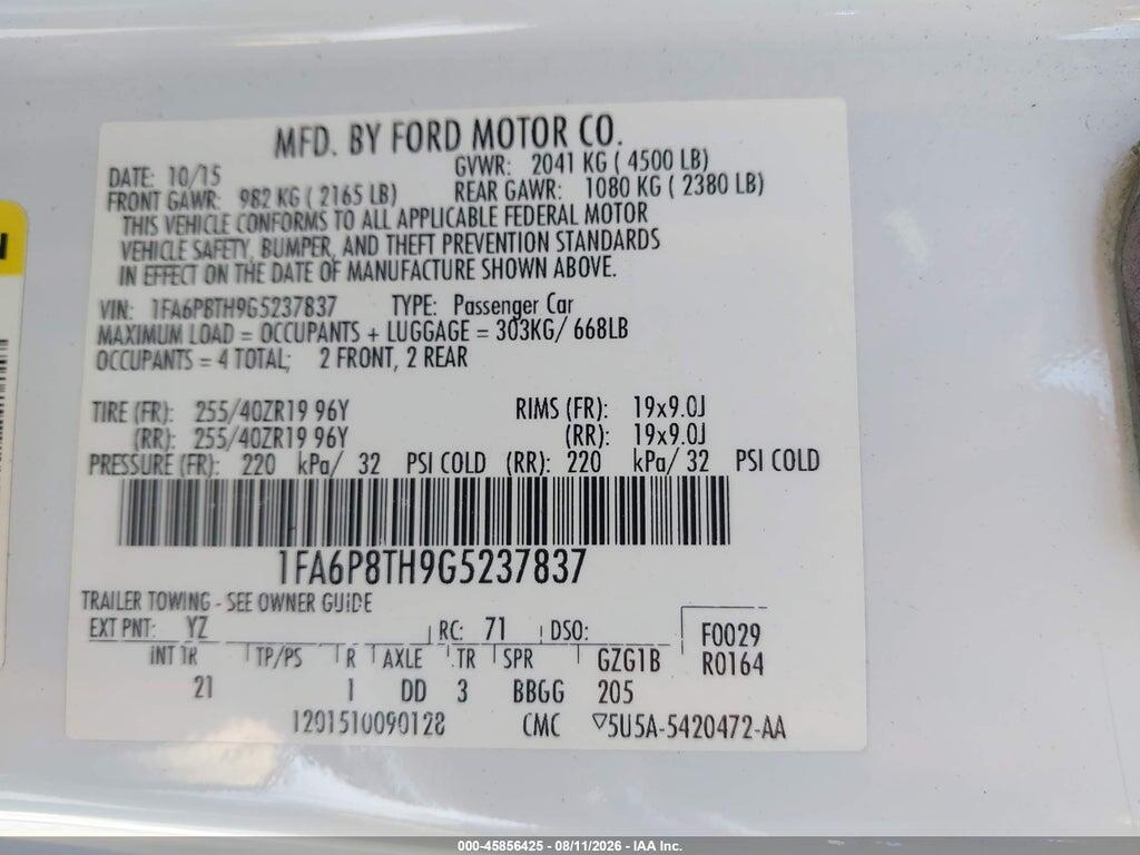 1FA6P8TH9G5237837 2016 FORD MUSTANG photo no. 9