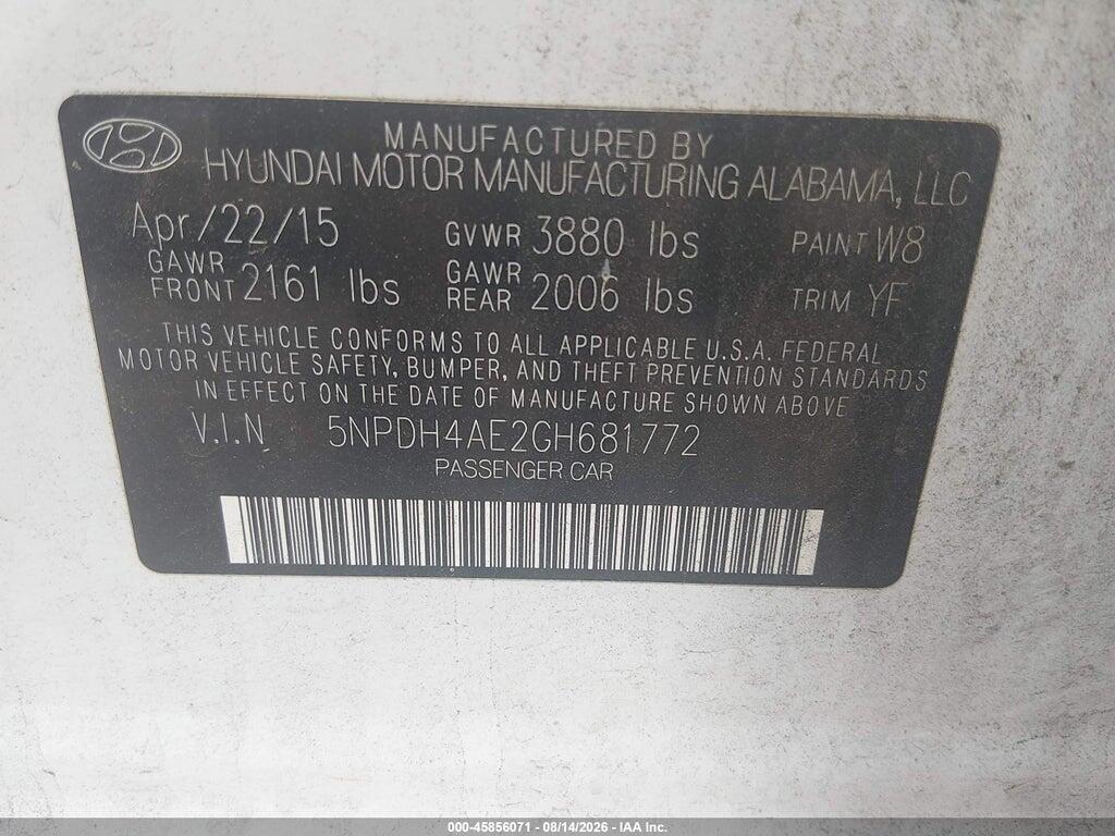 5NPDH4AE2GH681772 2016 HYUNDAI ELANTRA photo no. 9