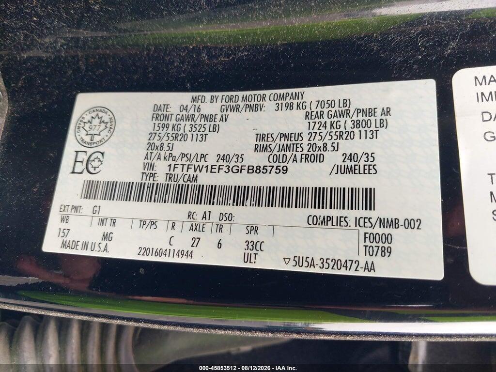 1FTFW1EF3GFB85759 2016 FORD F-150 photo no. 9