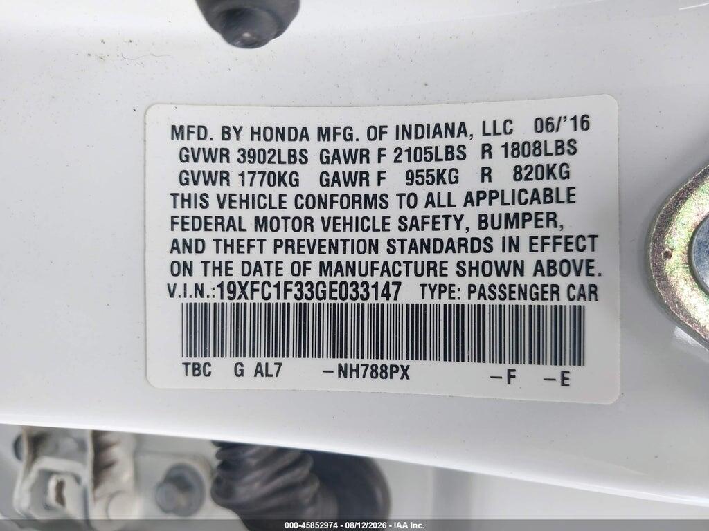 19XFC1F33GE033147 2016 HONDA CIVIC photo no. 9
