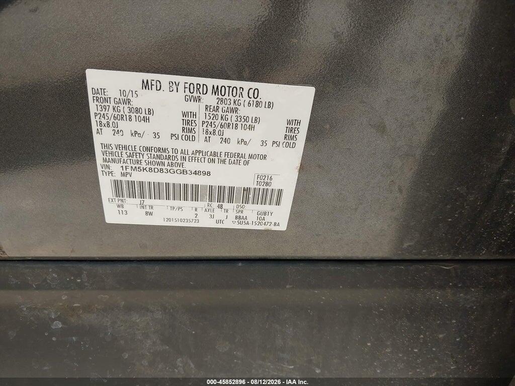 1FM5K8D83GGB34898 2016 FORD EXPLORER photo no. 9