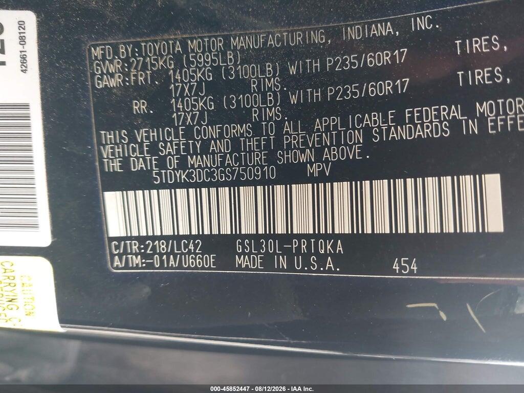 5TDYK3DC3GS750910 2016 TOYOTA SIENNA photo no. 9