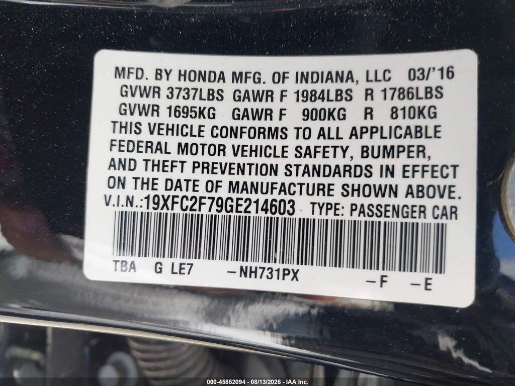 19XFC2F79GE214603 2016 HONDA CIVIC photo no. 9
