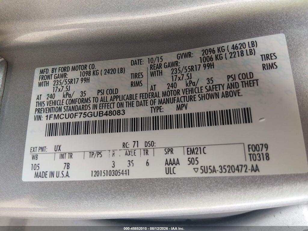 1FMCU0F75GUB48083 2016 FORD ESCAPE photo no. 9