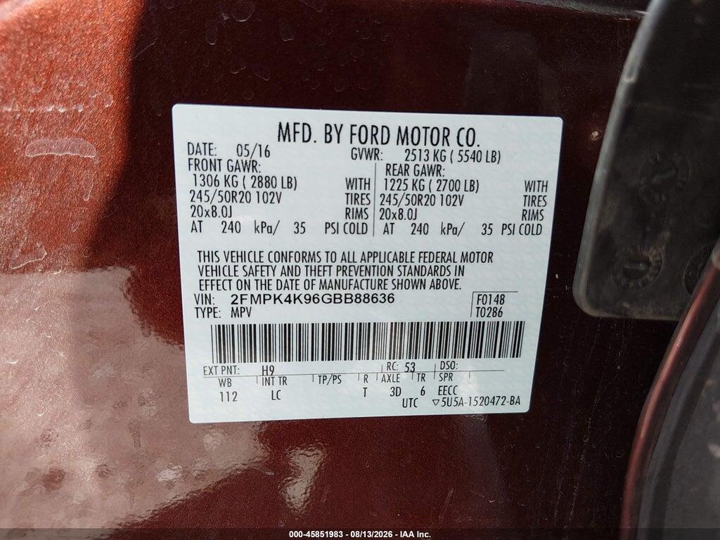 2FMPK4K96GBB88636 2016 FORD EDGE photo no. 9
