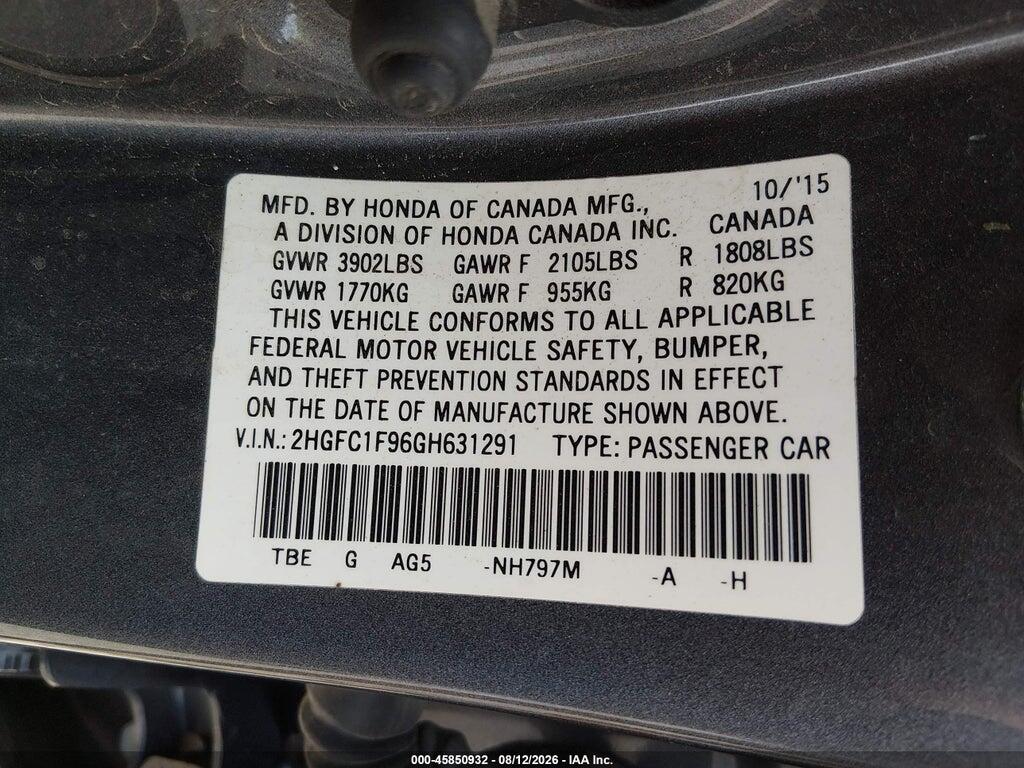 2HGFC1F96GH631291 2016 HONDA CIVIC photo no. 9