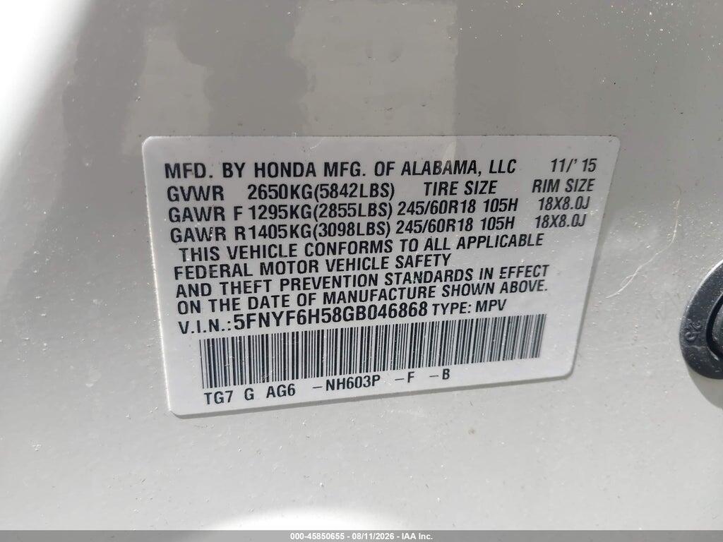 5FNYF6H58GB046868 2016 HONDA PILOT photo no. 9