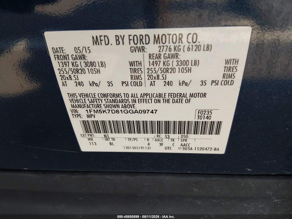 1FM5K7D81GGA09747 2016 FORD EXPLORER photo no. 9
