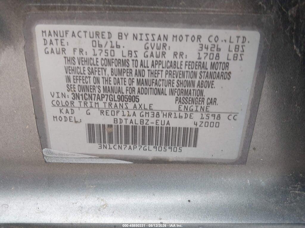 3N1CN7AP7GL905905 2016 NISSAN VERSA photo no. 9