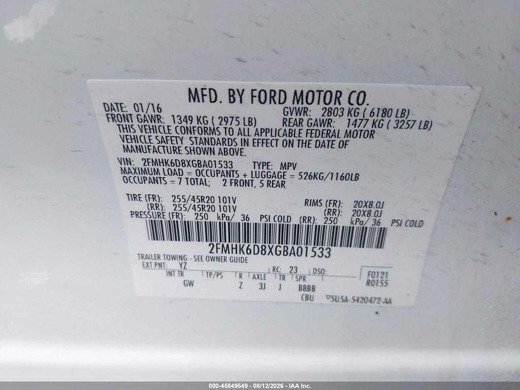 2FMHK6D8XGBA01533 2016 FORD FLEX photo no. 9