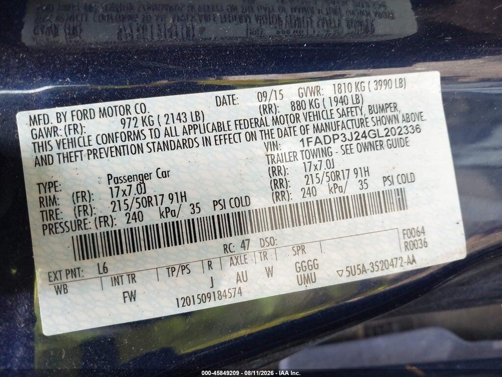 1FADP3J24GL202336 2016 FORD FOCUS photo no. 9