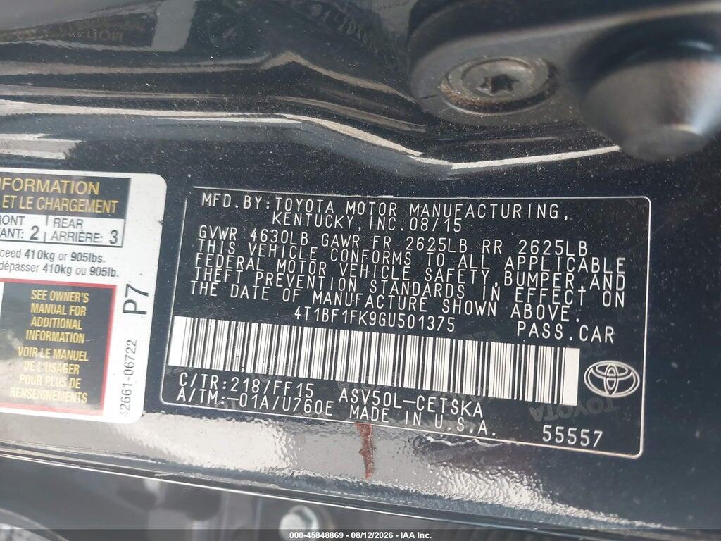 4T1BF1FK9GU501375 2016 TOYOTA CAMRY photo no. 9