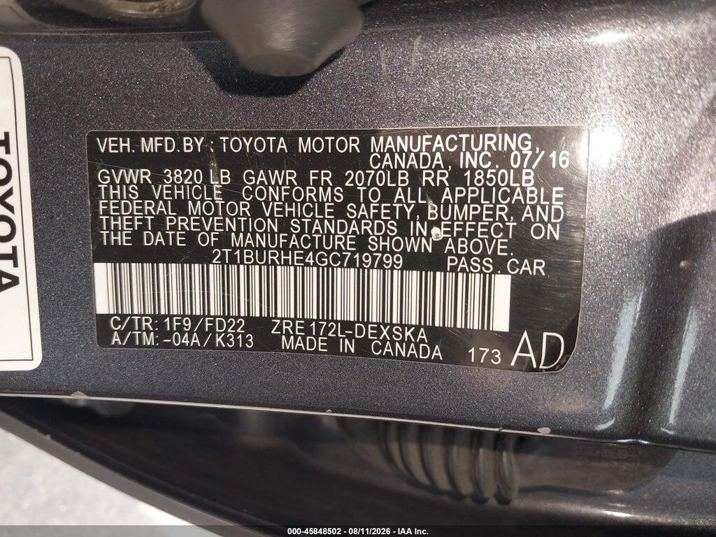 2T1BURHE4GC719799 2016 TOYOTA COROLLA photo no. 9
