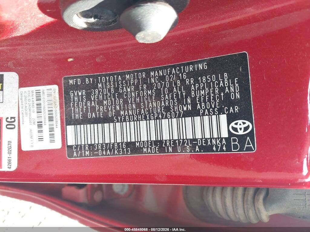 5YFBURHEXGP476077 2016 TOYOTA COROLLA photo no. 9