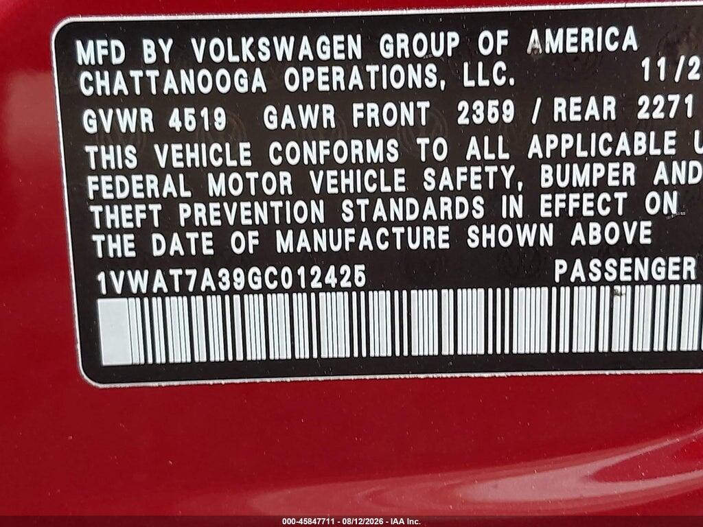 1VWAT7A39GC012425 2016 VOLKSWAGEN PASSAT photo no. 9
