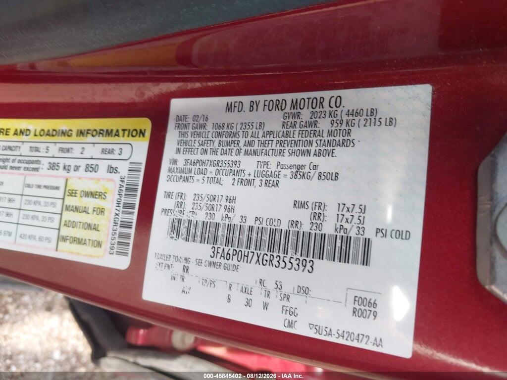 3FA6P0H7XGR355393 2016 FORD FUSION photo no. 9
