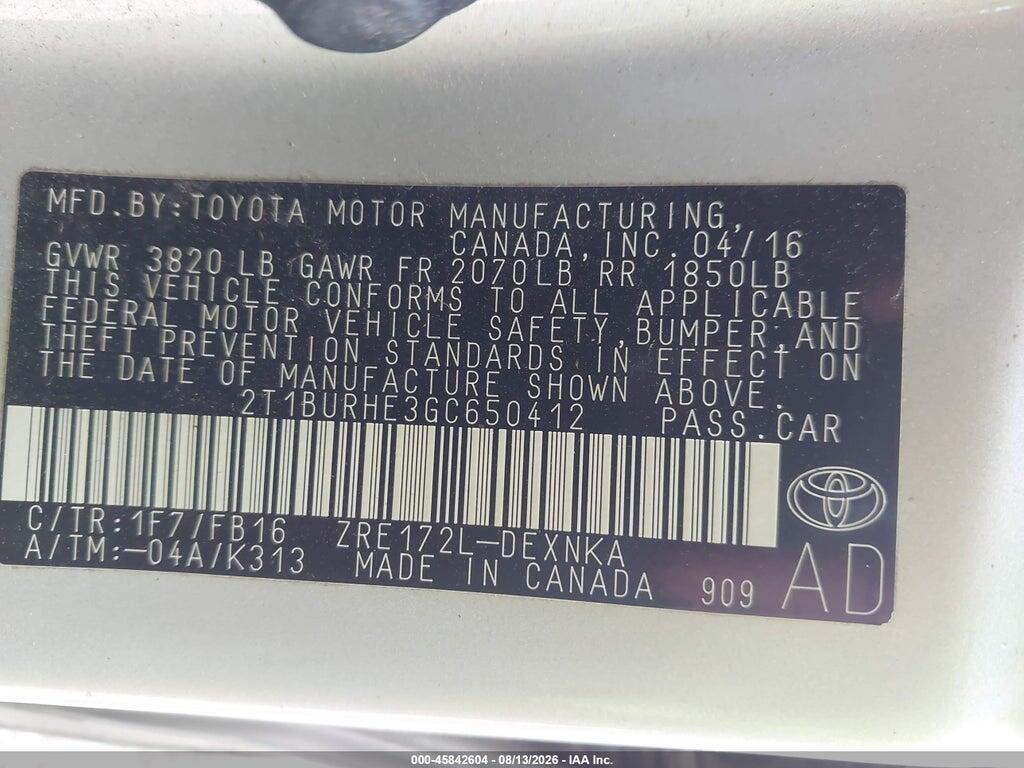 2T1BURHE3GC650412 2016 TOYOTA COROLLA photo no. 9