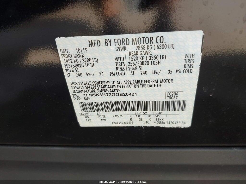 1FM5K8HT2GGB26421 2016 FORD EXPLORER photo no. 9