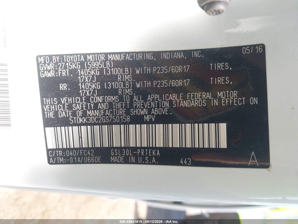 5TDKK3DC2GS750158 2016 TOYOTA SIENNA photo no. 9
