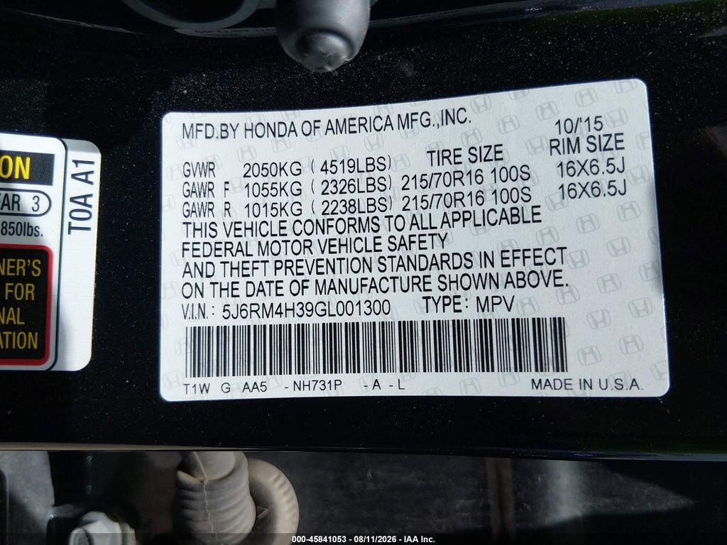 5J6RM4H39GL001300 2016 HONDA CR-V photo no. 9
