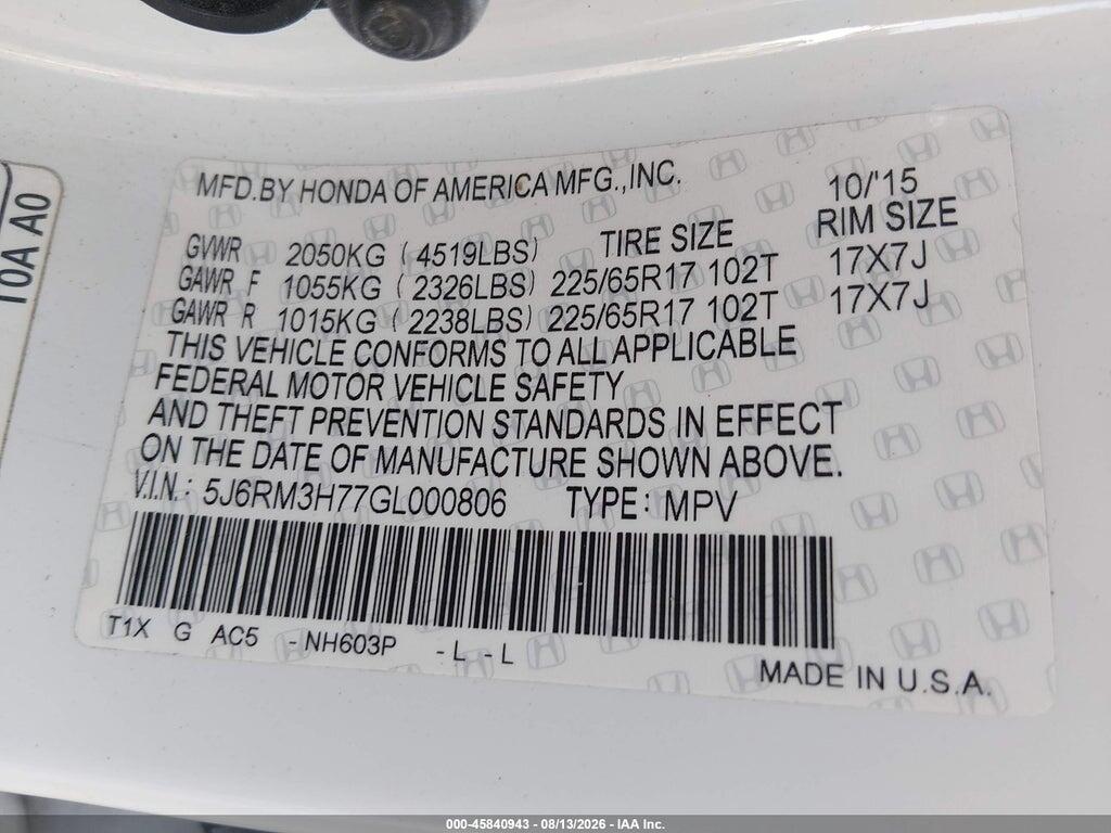 5J6RM3H77GL000806 2016 HONDA CR-V photo no. 9