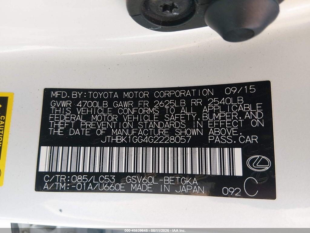JTHBK1GG4G2228057 2016 LEXUS ES 350 photo no. 9