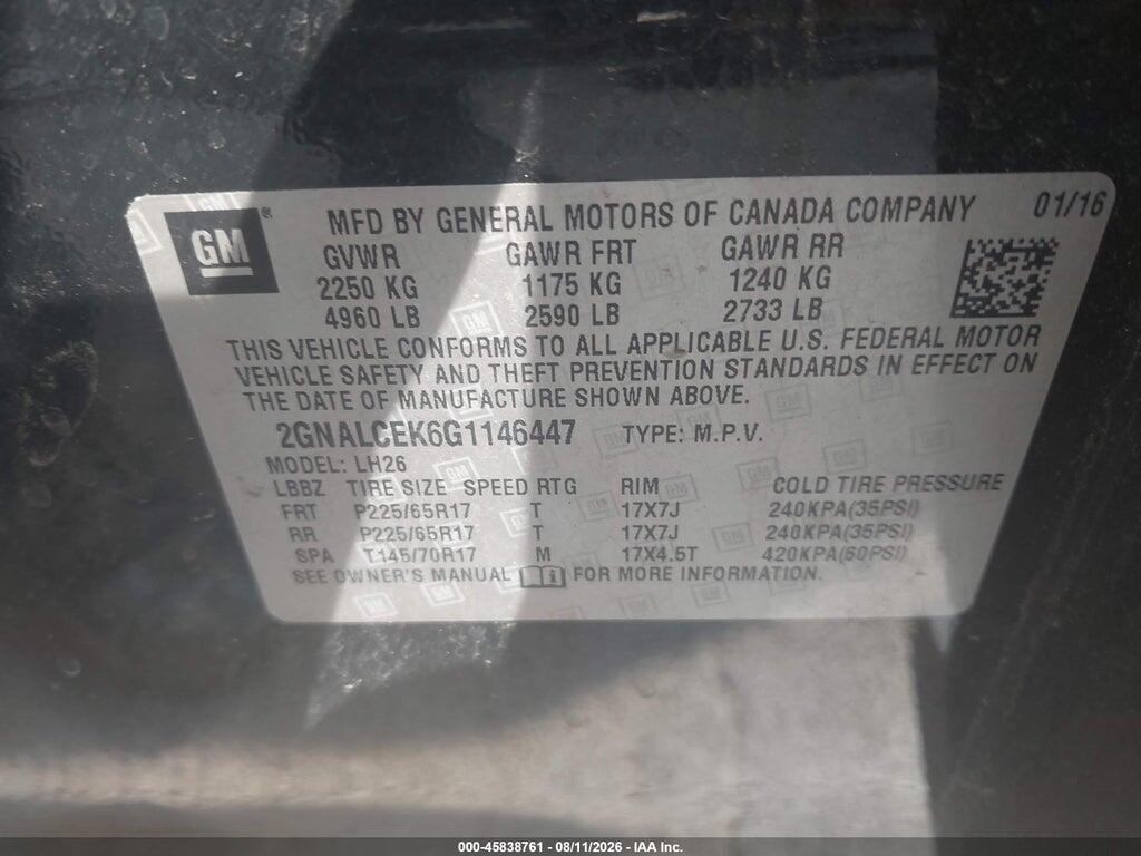 2GNALCEK6G1146447 2016 CHEVROLET EQUINOX photo no. 9