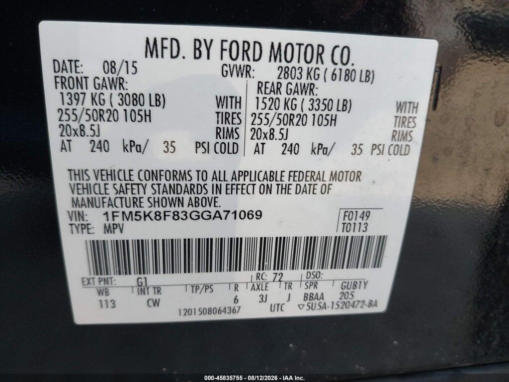 1FM5K8F83GGA71069 2016 FORD EXPLORER photo no. 9