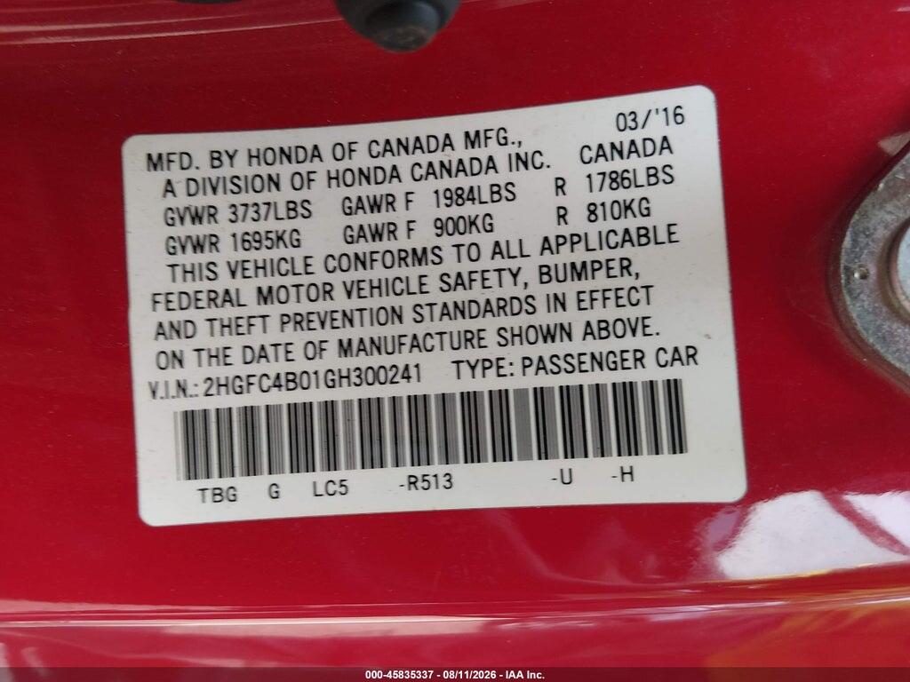 2HGFC4B01GH300241 2016 HONDA CIVIC photo no. 9