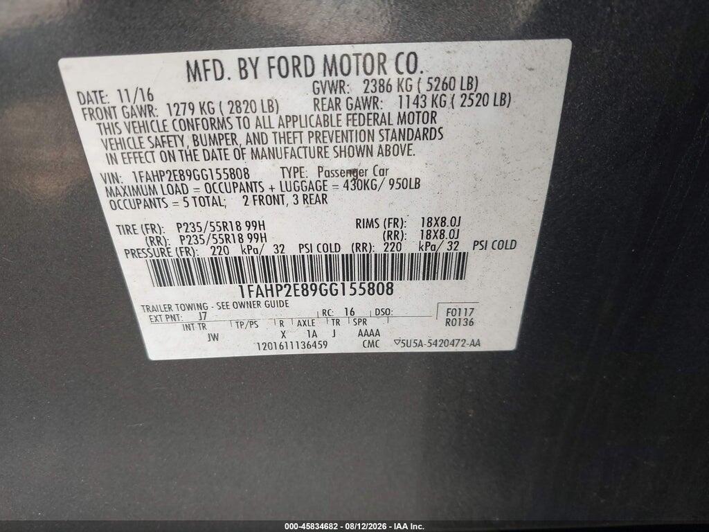 1FAHP2E89GG155808 2016 FORD TAURUS photo no. 9