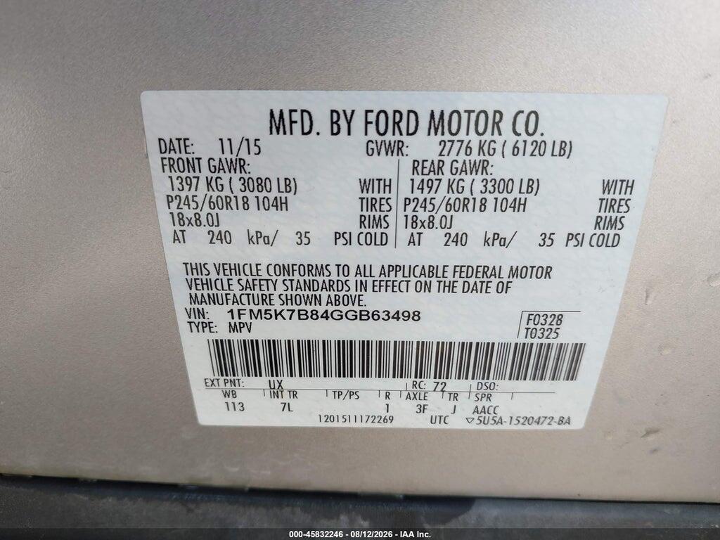 1FM5K7B84GGB63498 2016 FORD EXPLORER photo no. 9
