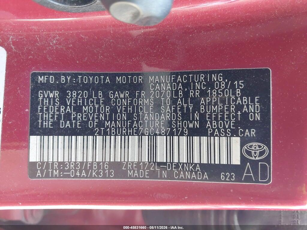 2T1BURHE7GC487179 2016 TOYOTA COROLLA photo no. 9