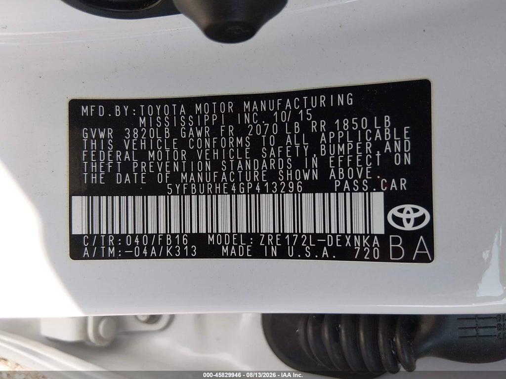 5YFBURHE4GP413296 2016 TOYOTA COROLLA photo no. 9