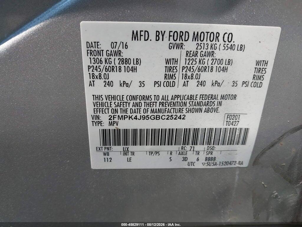2FMPK4J95GBC25242 2016 FORD EDGE photo no. 9