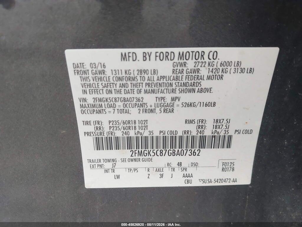 2FMGK5C87GBA07362 2016 FORD FLEX photo no. 9