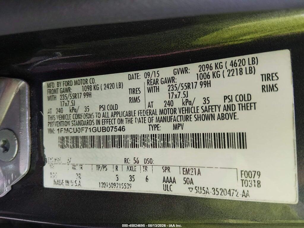 1FMCU0F71GUB07546 2016 FORD ESCAPE photo no. 9