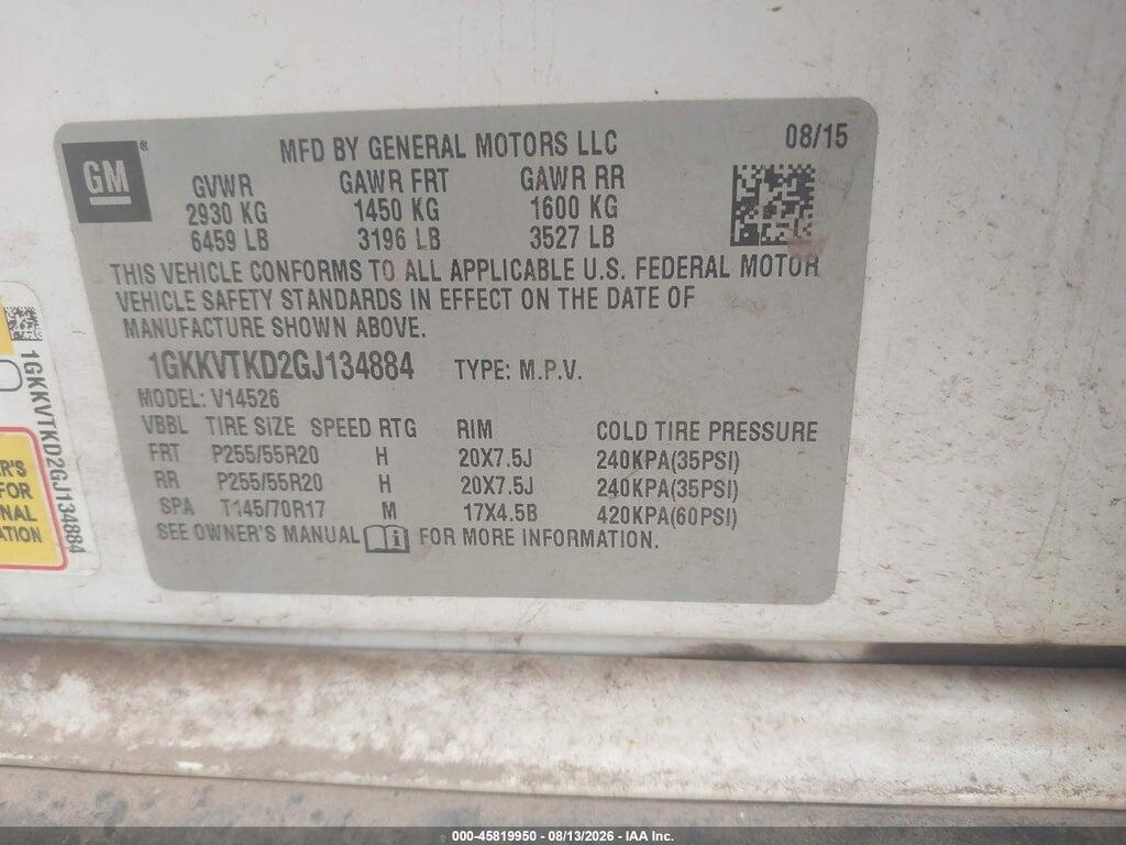 1GKKVTKD2GJ134884 2016 GMC ACADIA photo no. 9
