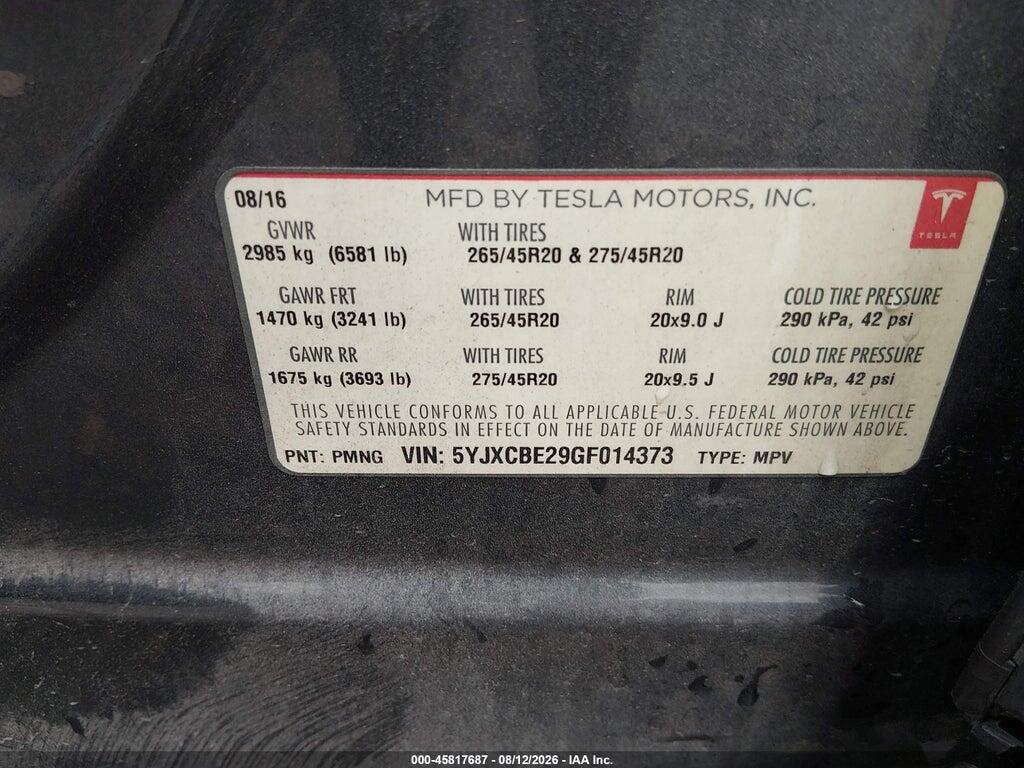 5YJXCBE29GF014373 2016 TESLA MODEL X photo no. 9