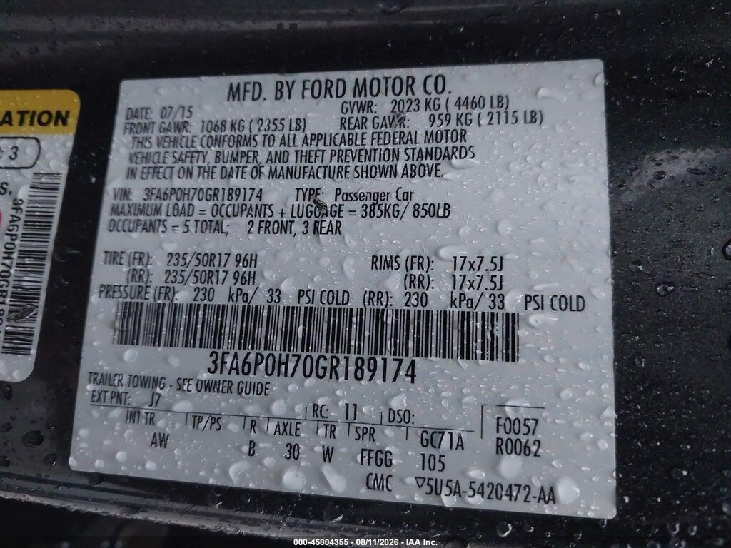 3FA6P0H70GR189174 2016 FORD FUSION photo no. 9
