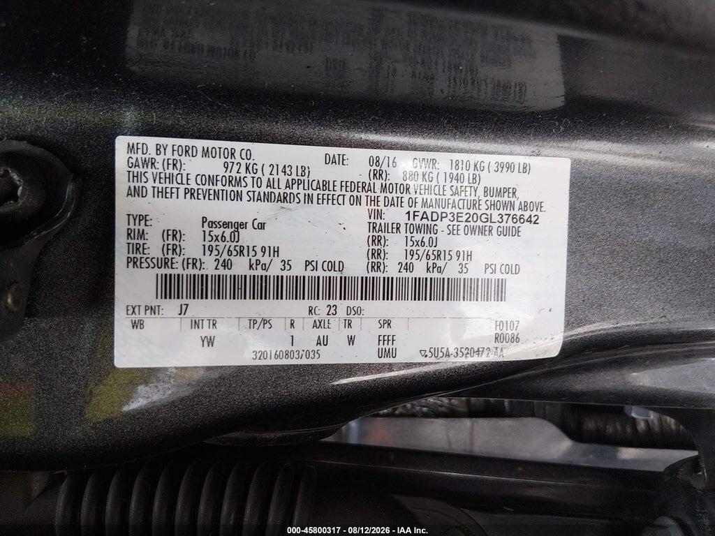 1FADP3E20GL376642 2016 FORD FOCUS photo no. 9
