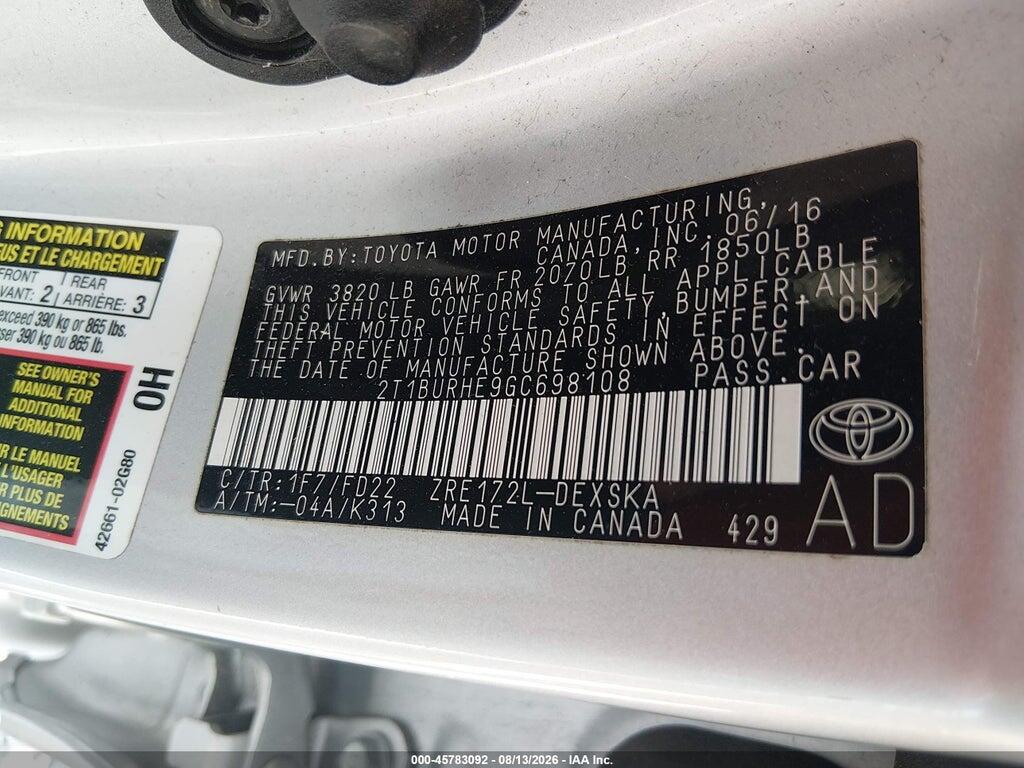 2T1BURHE9GC698108 2016 TOYOTA COROLLA photo no. 9