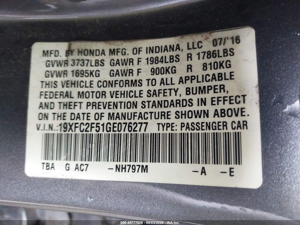 19XFC2F51GE076277 2016 HONDA CIVIC photo no. 9