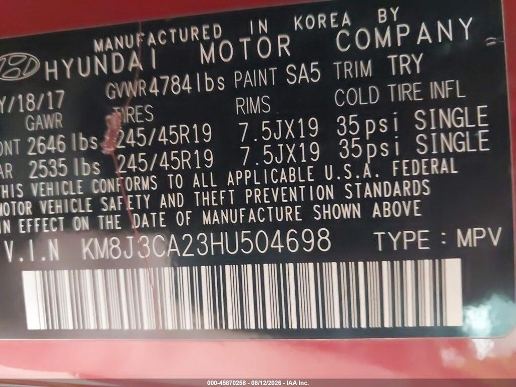 KM8J3CA23HU504698 2017 HYUNDAI TUCSON photo no. 9
