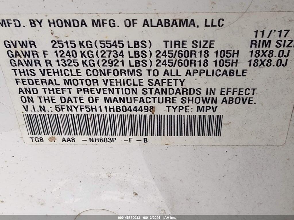 5FNYF5H11HB044498 2017 HONDA PILOT photo no. 9