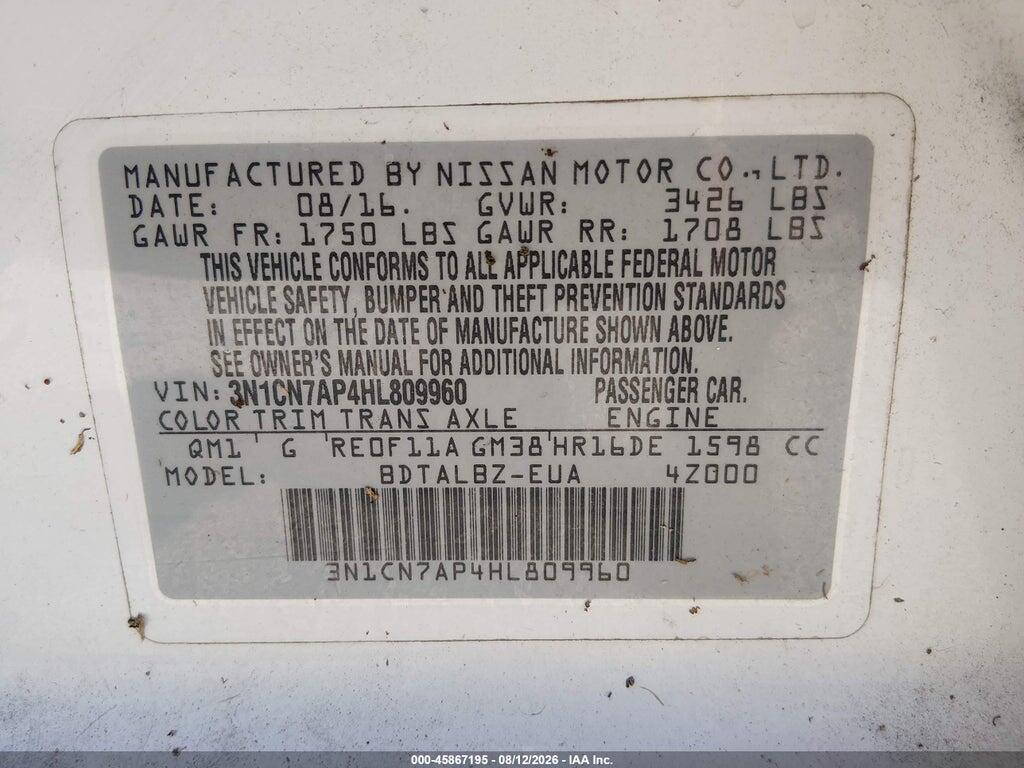 3N1CN7AP4HL809960 2017 NISSAN VERSA photo no. 9