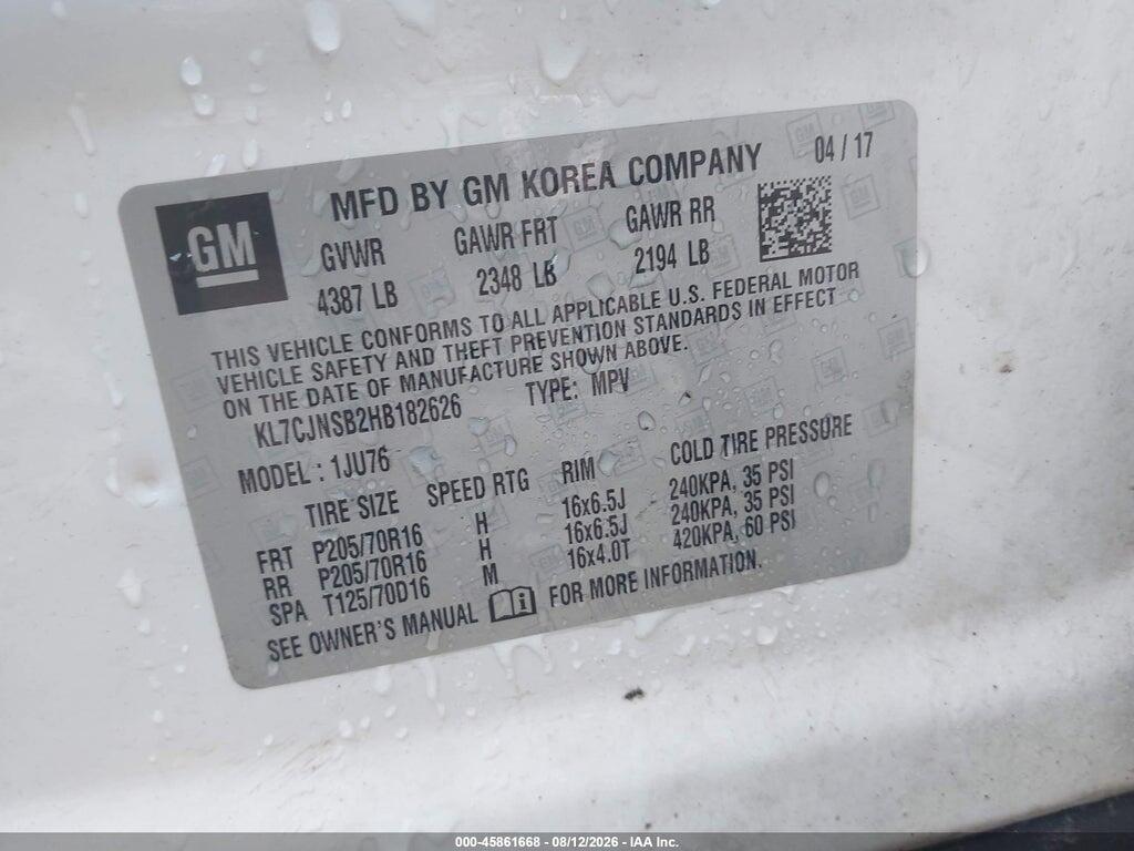 KL7CJNSB2HB182626 2017 CHEVROLET TRAX photo no. 9