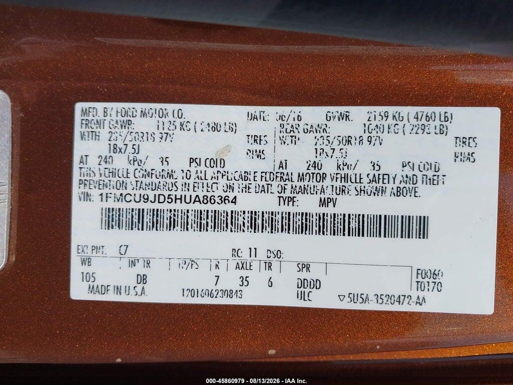 1FMCU9JD5HUA86364 2017 FORD ESCAPE photo no. 9